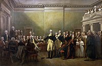 General George Washington Resigning His Commission, a portrait by John Trumbull depicting Gerry standing on the left[111]