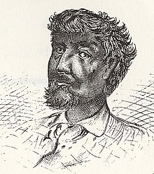 Black and white sketch of the bust of a man. His features are darkly shaded. He has dark wavy hair and a goatee.