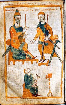 An armed man sitting on a throne with an armed man standing before him.