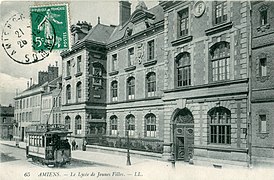 The lycée de jeunes filles and tramway, Rue des Otages, now Lycée Madeleine-Michelis