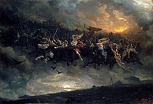 Un groupe de cavaliers volants mené par un homme barbu et casqué semble percer les nuages et s'abattre sur un paysage de désolation.