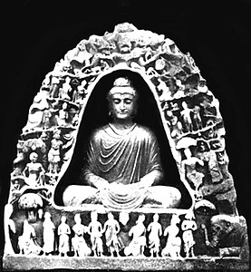 Mamane Dheri Buddha, inscribed with "Year 89" (probably of the Kanishka era), hence 216 CE.[9] Peshawar Museum.