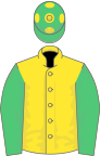 Yellow, emerald green sleeves, green cap, yellow spots
