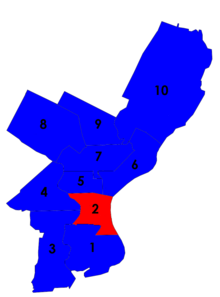 Map of Philadelphia showing city council districts