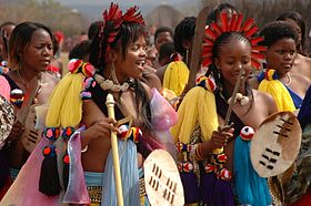 Swazi royals with small, ornamental shields, i.a. associated with Nomkhubulwana ceremonies[7]: 115 