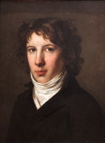 Painting of a handsome young man with wavy brown hair. He wears a black coat open at the neck to reveal a white shirt and collar.
