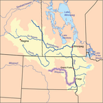 Map of the Red River drainage basin, with the Sheyenne River highlighted