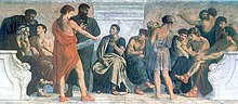 Man in red tunic holding scroll (perhaps Aristotle), in group of men sitting and standing
