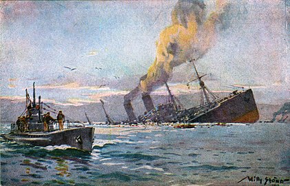 Postcard (1917) "Sinking of a hostile armed troop carrier by German submarine in the Mediterranean Sea".