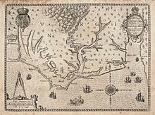 Map of the coast of Virginia and North Carolina, drawn 1585–1586 by Theodor de Bry, based on map by John White of the Roanoke Colony