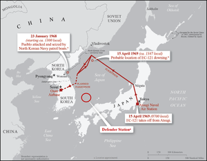 Map of Sea of Japan and Korean Peninsula with positions of USS Pueblo capture, EC-121 shootdown, and Defender Station marked