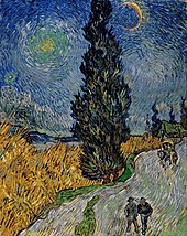 A painting of a large cypress tree, on the side of a road, with two people walking, a wagon and horse behind them, and a green house in the background, under an intense starry sky.