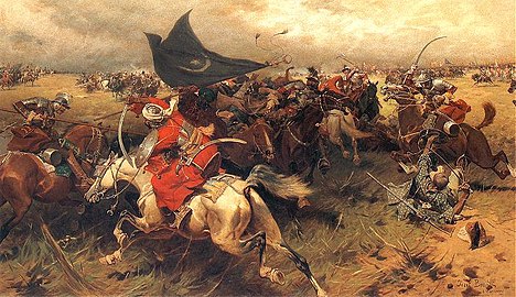 Ottoman sipahis in battle, holding the crescent banner (by Józef Brandt)