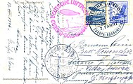 Postkarte an Bord der Hindenburg geschrieben. Stempel: DEUTSCHE LUFTPOST EUROPA - NORDAMERIKA / LUFTSCHIFF HINDENBURG / 17.8.1936 / 7. FAHRT
