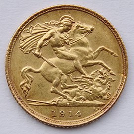 1914 sovereign with Benedetto Pistrucci's engraving.