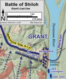 Grant's Last Line near Pittsburg Landing on the Tennessee River, with 50+ artillery pieces and the two gunboats nearby