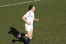 Sue Day (St. John's) scoring a try against Scotland in the 2007 Six Nations