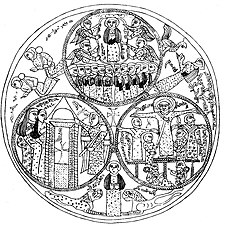 The Grigorovskoye Plate: Paten with biblical scenes in medallions, counterclockwise from bottom left: women at the empty tomb, the crucifixion, and the Ascension. Semirechye, 9th–10th century.[64]