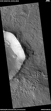Wide view of crater with layers and mantle in places, as seen by HiRISE under HiWish program