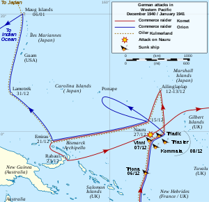 Map of the South Pacific showing the routes taken by the German ships and locations where Allied ships were sunk as described in the article