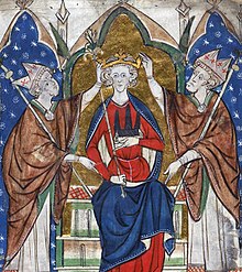 Henry seated on a throne flanked by bishops