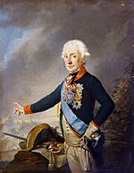 Painting shows a white-haired man standing in a blue uniform with red collar and cuffs and a light blue sash. He gestures with his right hand toward a battle scene. His bicorne hat and sword lie on a map next to him.