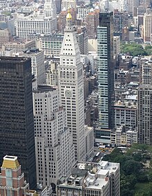 A view of several New York City buildings from the air, looking north from above approximately 20th Street.