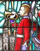 Military pillbox on stained glass window in the Royal Military College of Canada