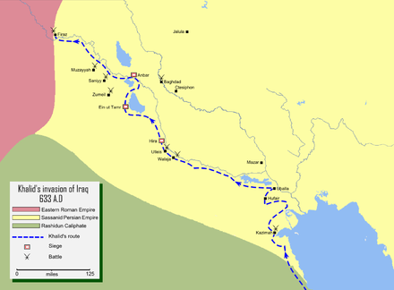 A map showing the itinerary of a military campaign in Iraq, with the Sasanian, Byzantine and Islamic empires shaded in yellow, pink and green, respectively