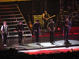 New Kids on the Block in concert, 2008, from left to right: Joey McIntyre, Jonathan Knight, Donnie Wahlberg, Danny Wood, Jordan Knight