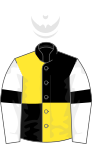 Black and yellow (quartered), white sleeves, black armlets, white cap