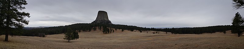 Panorama view of Devils Tower, located in the Bear Lodge Ranger District of the Black Hills, near Hulett and Sundance in Crook County, northeastern Wyoming (2021)