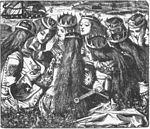 King Arthur and the Weeping Queens, one of two illustrations by Rossetti for Edward Moxon's illustrated edition of Tennyson's Poems (1857)