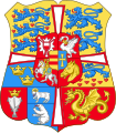 The coat of arms of Denmark from 1819 to 1903. Iceland is presented by the silver stockfish in the lower left corner. Prior to this Iceland, as was the case with Greenland and the Faroe Islands, was represented by the coat of arms of Norway, as they all were part of the Norwegian realm of the Denmark–Norway.
