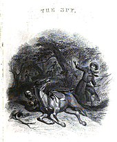 Engraving in black ink on white paper showing a man reacting in caution to a soldier falling from his horse while other soldiers ride through the woods behind them