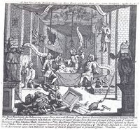A print by William Hogarth entitled A Just View of the British Stage from 1724 depicting Robert Wilks, Colley Cibber, and Barton Booth rehearsing a pantomime play with puppets enacting a prison break down a privy. The "play" is composed of nothing but toilet paper, and the scripts for Hamlet, inter al., are toilet paper.