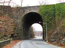 Stone archway under Margaret Corbin Drive, which connects to the northbound Henry Hudson Parkway