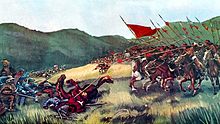 Painting of infantry about to face a cavalry charge