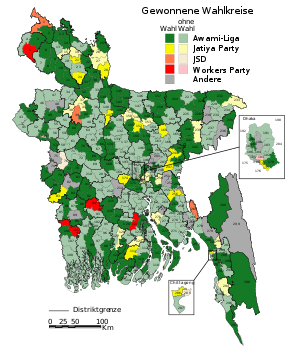 Wahlergebnisse in den Wahlkreisen. In den Wahlkreisen, die in helleren Farben dargestellt sind, fand keine Wahl statt, da nur ein Kandidat antrat. Diese Kandidaten galten automatisch als gewählt.