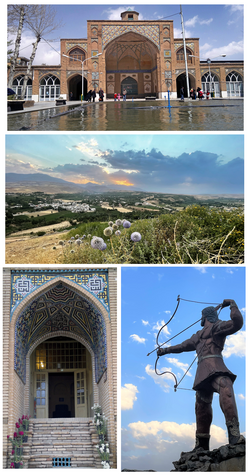 Top: Grand yard of Sultani mosque, Middle: Outlook of Zagros Mountains, Bottom left: Eftekhar-al-Eslam old house, Bottom right: the statute of Arash the Archer