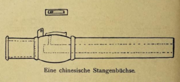 Drawing of a Chinese pole gun found in Java, 1421. It weighed 2.252 kg, length of 357 mm, and caliber of 16 mm. This gun features a rain cover connected with hinge, which is now missing. The hinge is still preserved.