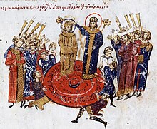 Coronation of Michael I from the 12th-century Madrid Skylitzes, probably drawn from an earlier unrelated source.[16]