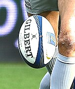 A [[Gilbert Rugby�Gilbert]] white and blue colored rugby ball used in a European Rugby Champions Cup in 2015