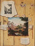 Trompe l'oeil of a wooden panelling with a painted canvas and print of a landscape capriccio, Jacobus Plasschaert, 1650s