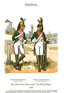 Colored print of two cavalrymen in 1812. They wear green coats, white breeches, black knee-boots and brass helmets.