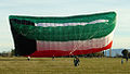 Peter Lynn holds the world record for largest kite. He made three same-sized versions with different decorations: Mega Flag in the United States and Mega Moon in Japan, and the Mega Kuwait Flag. A world record has been established: all three were flown at the same time at the same field.