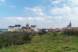 Skyline of Leisnig, Mildenstein Castle to the left
