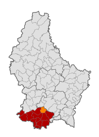 Map of Luxembourg with Leudelange highlighted in orange, and the canton in dark red