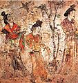 "A group of palace ladies in the gardens while a hoopoe flies by. Mural, tomb of Emperor Gaozong's 6th son, Li Xian, Qianling, Shaanxi, 706."[39]