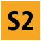 S2 als schwarze Zeichenfolge in orange gefülltem Quadrat